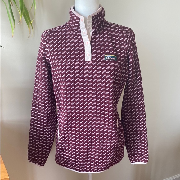LL Bean Birds Eye Pullover Fleece Mock Neck Button With Pockets Maroon - Picture 1 of 10